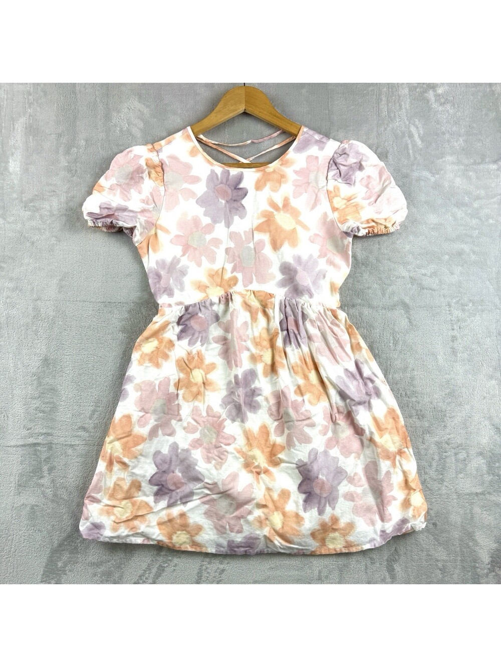 Sunday Best Women Size 2 Floral Linen Cotton Puff Sleeve Mini Dress Pastel Soft